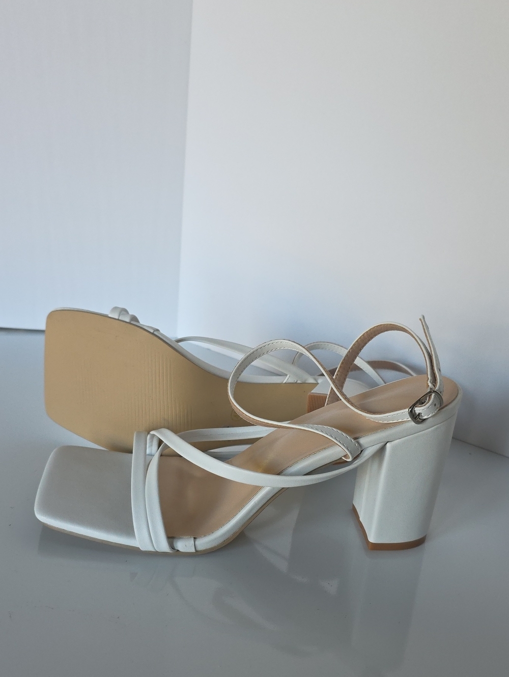 White Ankle Wrap Strap Square Toe Block Heel Sandals